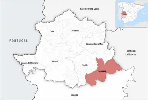 Die Lage des Gerichtsbezirk Logrosán in der Provinz Cáceres