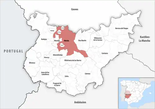Die Lage des Gerichtsbezirk Mérida in der Provinz&nbsp;Badajoz