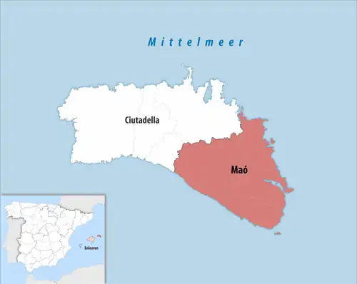 Die Lage des Gerichtsbezirk Maó auf der Insel&nbsp;Menorca