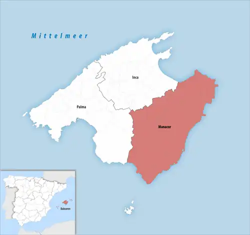 Die Lage des Gerichtsbezirk Manacor auf der Insel&nbsp;Mallorca