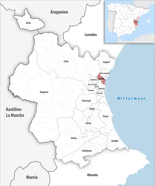 Die Lage des Gerichtsbezirk Moncada in der Provinz&nbsp;Valencia