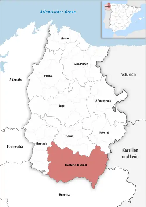 Die Lage des Gerichtsbezirk Monforte de Lemos in der Provinz&nbsp;Lugo