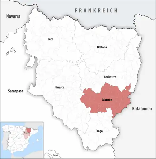Die Lage des Gerichtsbezirk Monzón in der Provinz&nbsp;Huesca