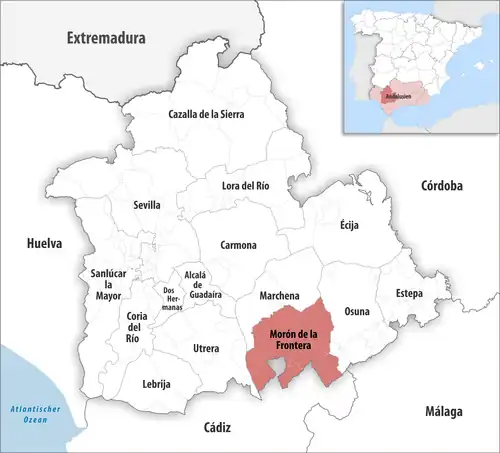 Die Lage des Gerichtsbezirk Morón de la Frontera in der Provinz&nbsp;Sevilla