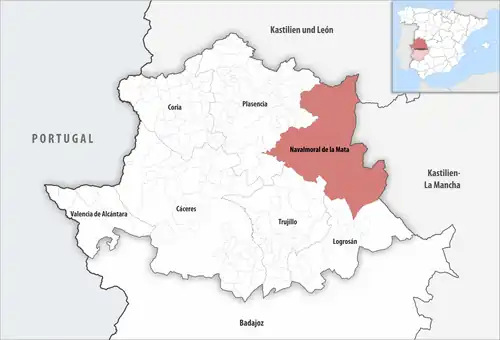 Die Lage des Gerichtsbezirk Navalmoral de la Mata in der Provinz&nbsp;Cáceres