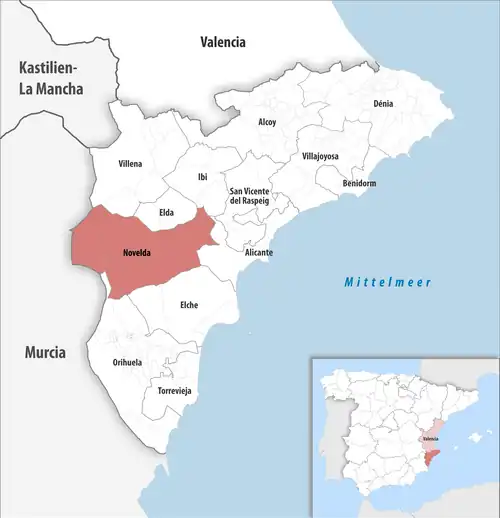 Die Lage des Gerichtsbezirk Novelda in der Provinz Alicante