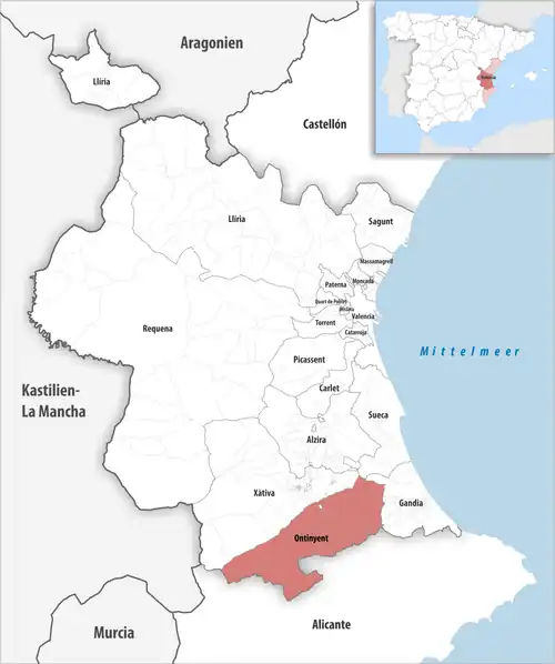 Die Lage des Gerichtsbezirk Ontinyent in der Provinz Valencia