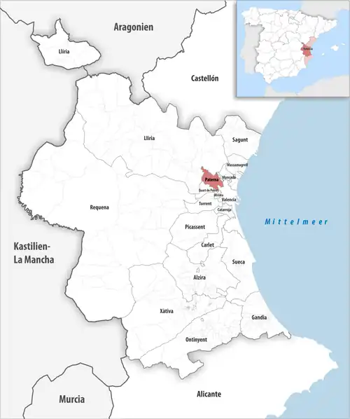 Die Lage des Gerichtsbezirk Paterna in der Provinz Valencia
