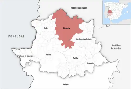 Die Lage des Gerichtsbezirk Plasencia in der Provinz&nbsp;Cáceres