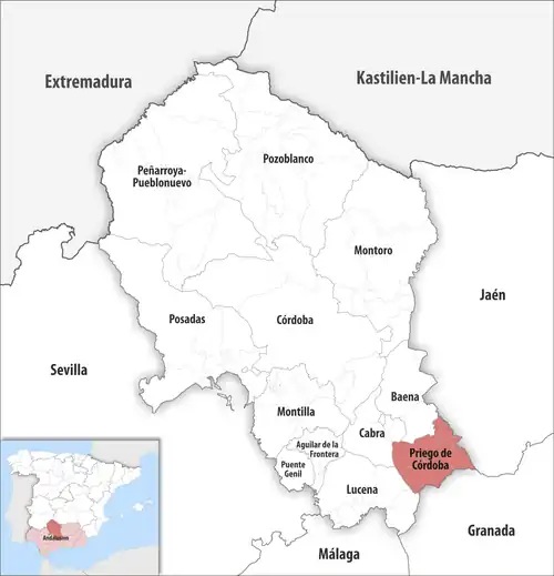 Die Lage des Gerichtsbezirk Priego de Córdoba in der Provinz Córdoba