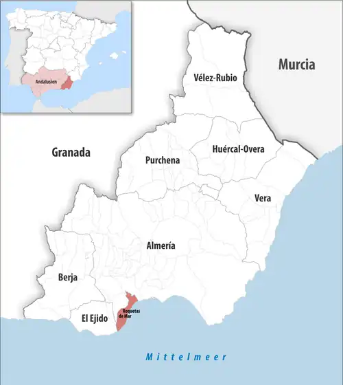 Die Lage des Gerichtsbezirk Roquetas de Mar in der Provinz&nbsp;Almería