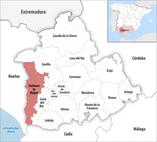 Die Lage des Gerichtsbezirk Sanlúcar la Mayor in der Provinz&nbsp;Sevilla