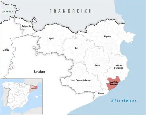 Die Lage des Gerichtsbezirk Sant Feliu de Guíxols in der Provinz&nbsp;Girona
