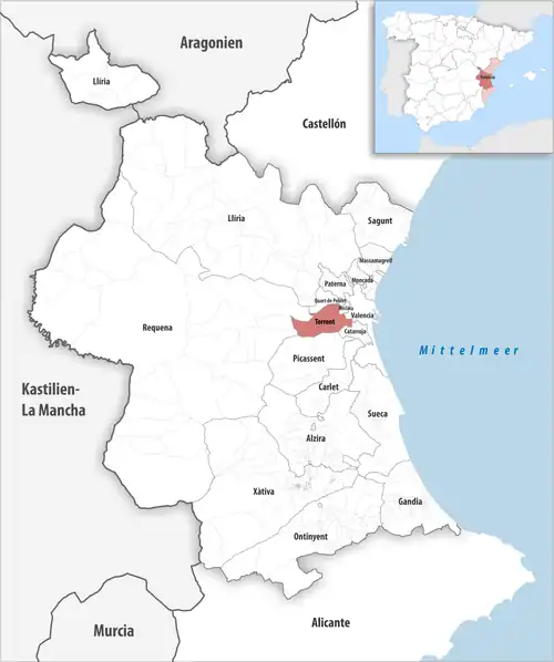 Die Lage des Gerichtsbezirk Torrent in der Provinz Valencia