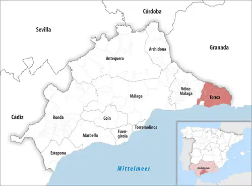 Die Lage des Gerichtsbezirk Torrox in der Provinz&nbsp;Málaga
