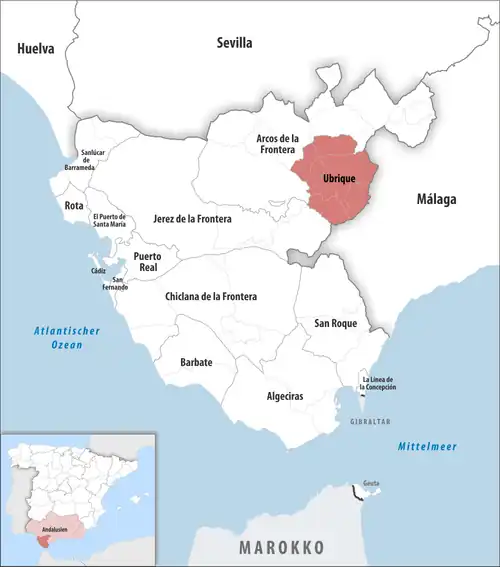 Die Lage des Gerichtsbezirk Ubrique in der Provinz&nbsp;Cádiz