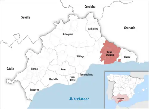 Die Lage des Gerichtsbezirk Vélez-Málaga in der Provinz&nbsp;Málaga