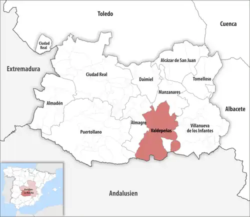 Die Lage des Gerichtsbezirk Valdepeñas in der Provinz&nbsp;Ciudad Real