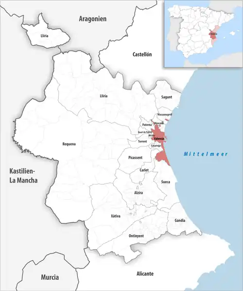 Die Lage des Gerichtsbezirk Valencia in der Provinz Valencia