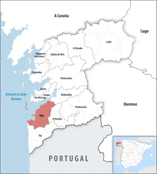 Die Lage des Gerichtsbezirk Vigo in der Provinz Pontevedra