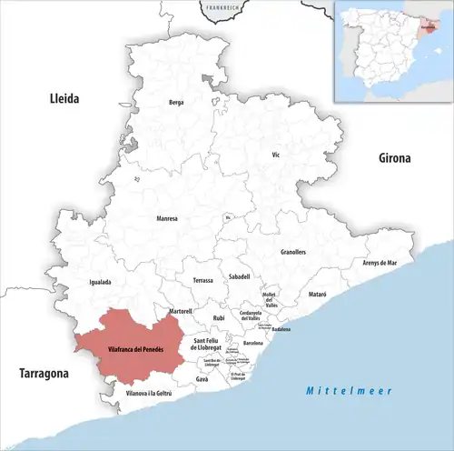 Die Lage des Gerichtsbezirk Vilafranca del Penedès in der Provinz Barcelona