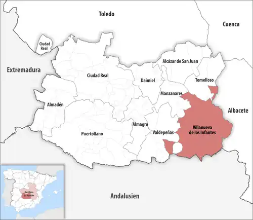 Die Lage des Gerichtsbezirk Villanueva de los Infantes in der Provinz Ciudad Real