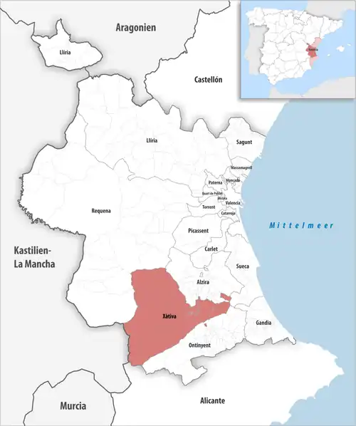 Die Lage des Gerichtsbezirk Xàtiva in der Provinz Valencia