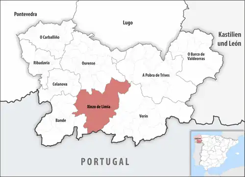Die Lage des Gerichtsbezirk Xinzo de Limia in der Provinz Ourense
