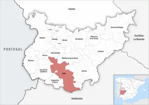 Die Lage des Gerichtsbezirk Zafra in der Provinz Badajoz