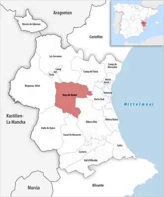 Die Lage der Comarca Hoya de Buñol in der Provinz Valencia