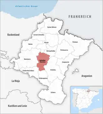 Die Lage der Comarca Izarbeibar-Novenera in der autonomen&nbsp;Gemeinschaft&nbsp;Navarra