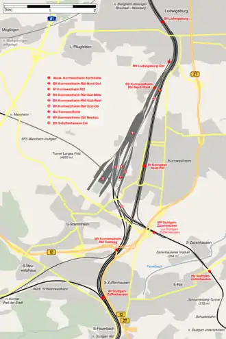 Karte des Rangierbahnhofs Kornwestheim mit Umgebung
