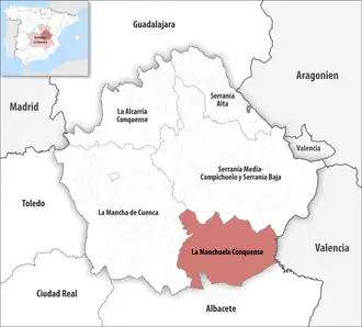 Die Lage der Comarca La Manchuela Conquense in der Provinz Cuenca