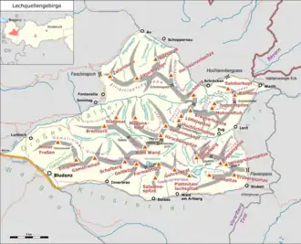 Lage des Lechquellengebirges (gelb hervorgehoben) innerhalb der Ostalpen