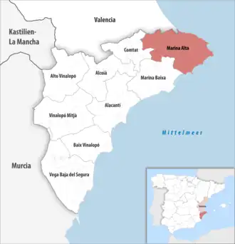 Die Lage der Comarca Marina Alta in der Provinz Alicante