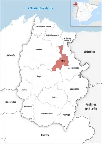 Die Lage der Comarca Meira in der Provinz Lugo