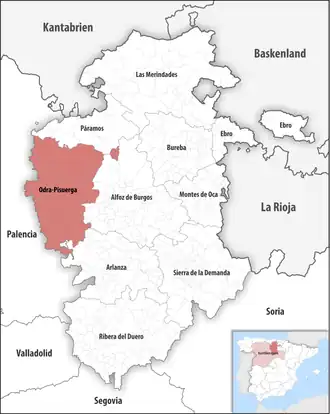 Die Lage der Comarca Odra-Pisuerga in der Provinz Burgos