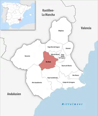 Die Lage der Comarca Río Mula in der autonomen Gemeinschaft Murcia
