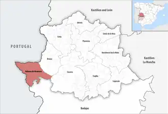 Die Lage der Comarca Valencia de Alcántara in der Provinz Cáceres