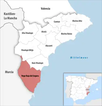Die Lage der Comarca Vega Baja del Segura in der Provinz Alicante