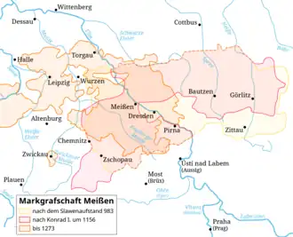 Markgrafschaft Meißen in den Umfängen von 983, 1156, sowie bis 1273 (nach dem Verlust des Bautzener Landes an Böhmen 1158 und nach Westen verschoben)