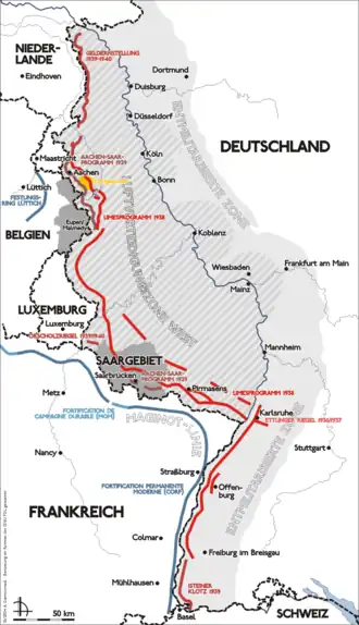 Verlauf des Westwalles, der Maginot-Linie und des Festungsringes Lüttich