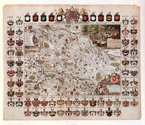 Karte des Fürstentums Lüneburg mit Wappen der begüterten Adelsfamilien (1708) – Hohnstedt in der Mitte der vorletzten Reihe (rot-golden)