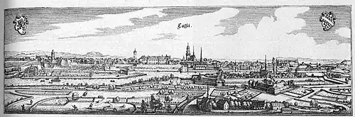 Cassel, Stadtansicht aus der Topographia Hassiae von Merian, 1655