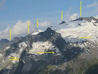 Kastenturm, Hoher Kasten, Hohe Riffl, Eiskögele und Schneewinkelkopf (von links nach rechts), vorn Hinteres und Vorderes Kastenkees, rechts Laperwitzkees