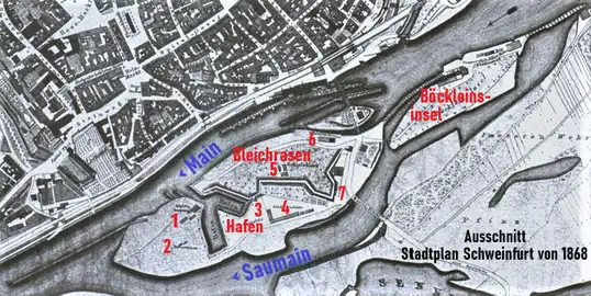 Katasterplan von 1868 mit Hafen 1 Werft; 2 Pulvertürme; 3 Turnplatz; 4 Städtische Bauhütte; 5 Schießhaus; 6 Schleuse; 7 Schanze