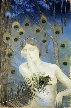 Akt einer Frau vor einem Hintergrund aus Pfauenfedern (Kazimierz Stabrowski, um&nbsp;1905)