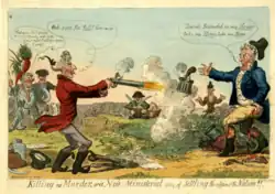 Castlereagh (links) mit einem bösartigen Blick gezeichnet, ruft mit hartem irischen Akzent aus: Ach, sicher wird ihn das töten! Er feuert eine große Pistole auf Canning (rechts). Der Schuss trifft Canning, der voller Schmerz aufschreit, in den Oberschenkel. Er lässt die Waffe fallen und ruft aus: Zounds, ich bin in meiner Ehre verletzt! Bringt mich nach Hause! Die Sekundanten Yarmouth und Ellis stehen im Hintergrund. Aus Castlereaghs Tasche ragt ein Papier, auf dem steht: Gerichtsverhandlung von ... für Mord.