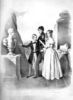 Ferdinand II., August und Viktoria mit der Büste ihres Vaters Herzog Ferdinands von Sachsen-Coburg-Koháry