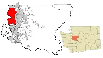 Lage von Seattle im King County (links) und in Washington (rechts)